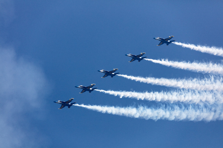 The Blue Angels F/A-18 Hornets fly in a tight  formation at Chicago Air and Water Show, on August 19, 2017のeditorial素材