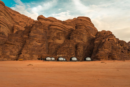 Bubble tents of the sea of stars luxury camp in the unesco wadi rum desert in jordanのeditorial素材