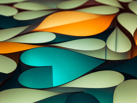 Blue paper hearts and orange lips Valentines day card background.の写真素材