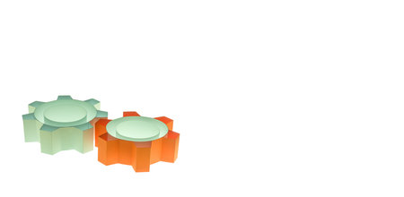 Two gear sign, simple 3D icon on white background. Made from paper, transmission concept. Bannerの写真素材