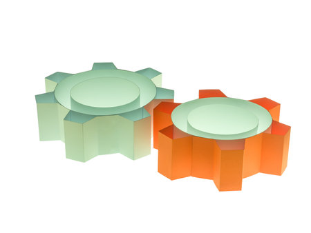 Two paper gears isolated on a white background. 3d volumetric concept cooperation. Origami.の写真素材