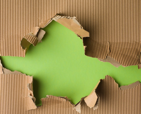 Green paper with brown torn ripped paperの写真素材