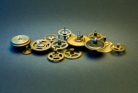 Mechanical collage made of clockwork gears on paper backgroundの写真素材