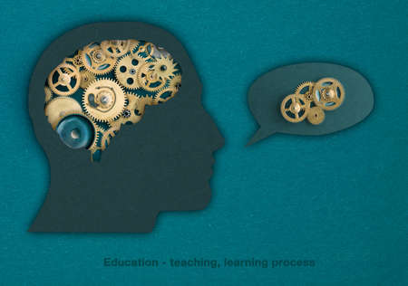 Brain function symbol,  mind  psychology as a human head with gear and cog symbols as a thinking conceptの写真素材