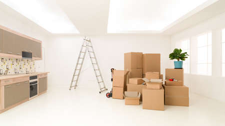 bunch of cardboard boxes stacked in new house. copy space availableの写真素材