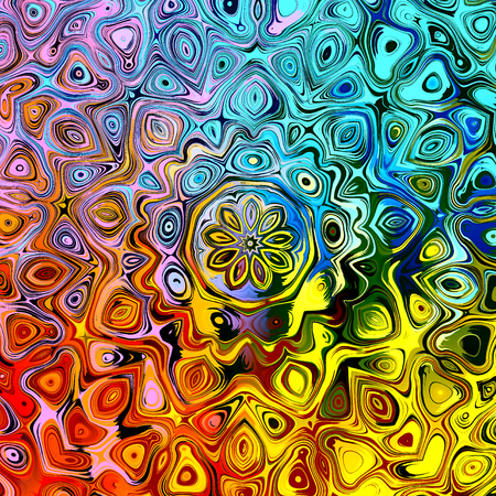 Abstract Background with Colorful Creative Stylized Shapes - Mandala Ornament - Color and Art Patterns - Special Unique Geometric Pattern for Design Artworks - Red Blue Green Yellow Orange Purple Colored Funky Illustration - Psychedelic Grungeの写真素材