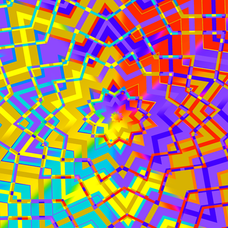 Abstract Colorful Geometric Star Background - Artificial Computer Generated Iterative Lines - Flat Illustration - Yellow Red Purple Digital Backdrop - Mosaic Pattern Image - Colored Creative Kaleidoscope Art - Tibetan Style - Artistic Designの写真素材