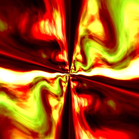 Infinite Digital Fractal. Red Green Colored Fantasy Illustration. Abstract Art Background. Bright Wavy Artistic Image. Creative Graphic Element. Unique Psychedelic Artwork. Symmetrical Decoration. Zoom Effect. Generated Graphics.の写真素材