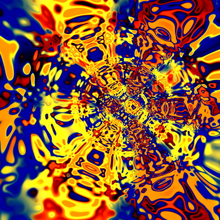 Digital Distortion Artwork. Colorful Red Yellow Blue Illustration. Creative Psychedelic Background. Surreal Artistic Vortex. Abstract Fantasy Fractal. Various Decorative Shapes. Vibrant Funky Backgrounds. Unique Art Decoration. Digitallhy Generated Art.の写真素材