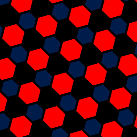 Abstract blue red hexagon illustration. Macro background. Pattern for web page. Art design. Computer generated. Modern honeycomb structure. Tiles with black holes. Wallpaper tile. Texture for fashion designer. Rendered hexagonal mesh. Grid formation.の写真素材