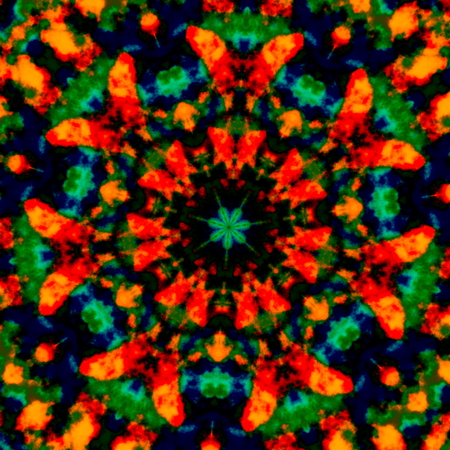 Colorful kaleidoscopic art illustration. Image composition design. Creative poster idea. Fantasy mottled background. Mottled graphic concept. Messy watercolor picture. Orange green red colors. Weird flower pattern. Colorful round shape. Grungy paint.の写真素材