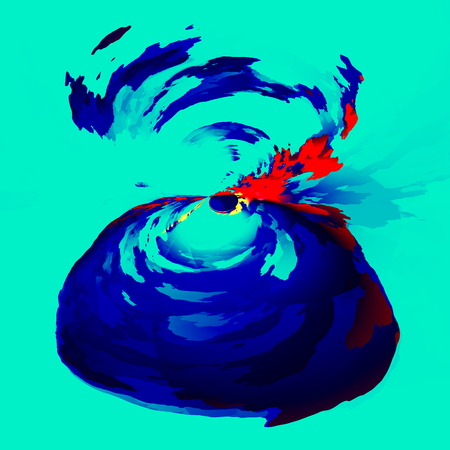 Abstract exploding volcano. Art illustration background. Graphic design element. Isolated image. Conceptual composition. Ink splash effect. Digital creative artwork. Color paint splatter. Psychedelic smoke spewing. Blue abstraction squirting blood. Style.の写真素材