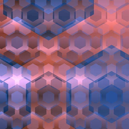 Blue pink overlapping hexagons. Abstract background. Modern computer illustration. Flat design. Web elements. Digital style image. Digitally generated graphic. Creative virtual concept. Simple artistic idea. Series of shapes in various sizes. Website art.の写真素材