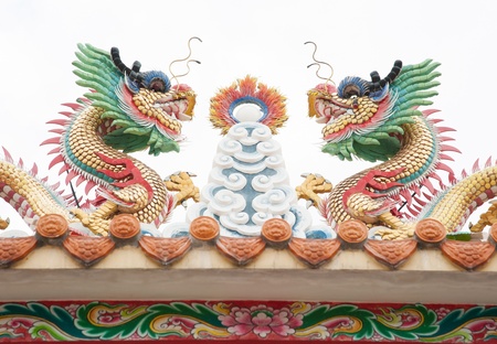 Double dragons on the roof of Chinese temple, Nonthaburi, Thailand.の写真素材