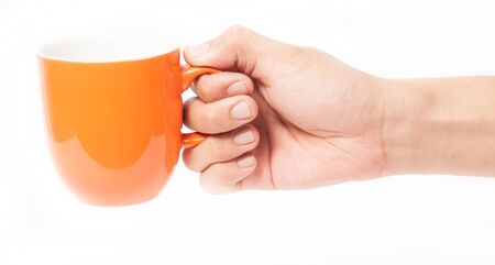 Man holding a cup of coffee, isolated on whiteの写真素材