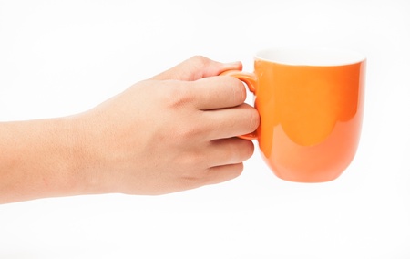 Man holding a cup of coffee, isolated on whiteの写真素材