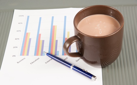 Close-up image of an office desk at morning with a cup of tea and financial documentsの写真素材