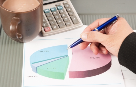 Close-up image of an office desk at morning with a cup of tea and financial documentsの写真素材