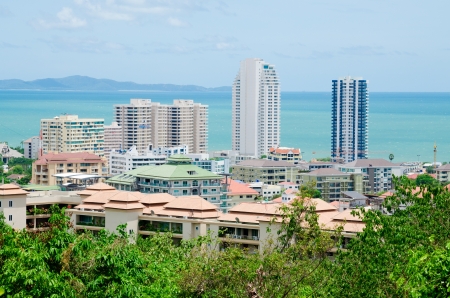 The view from the sea of the buildings and skyscrapers in Pattaya Beach.Thailandの写真素材