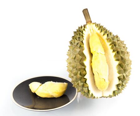 Close up of peeled durian isolated on white background.の写真素材