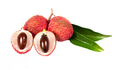 Ripe fruit of the lychee tree (Litchi chinensis) against white backgroundの写真素材
