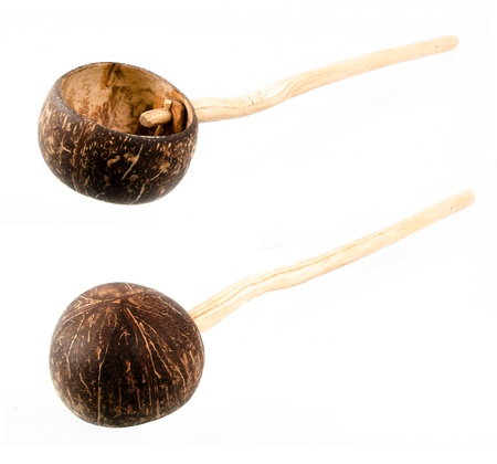 dipper made from Coconut shell on white backgroundの写真素材
