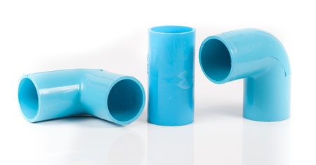 blue pvc pipe connection isolated on whiteの写真素材