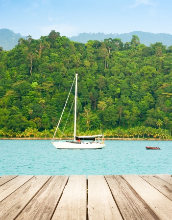 yacht and wooden platformの写真素材