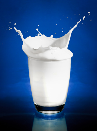 Splash of milk from the glass on a blue backgroundの写真素材