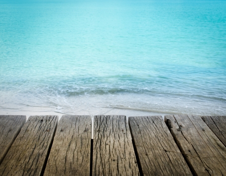 wood terrace on the beachの写真素材