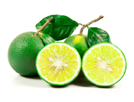 Fresh limes isolated on whiteの写真素材