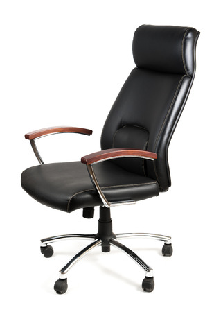Black leather office chair isolated on whitの写真素材