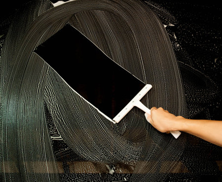 Hand carefully cleaning window.の写真素材