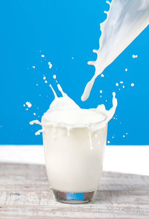 Splash of milk from the glass on a blue backgroundの写真素材