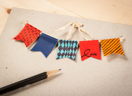 card birthday,Festive vintage garlands with bunting flags in autumn colorsの写真素材