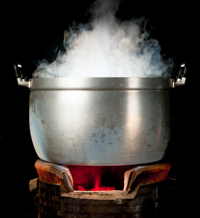 steam on pot in kitchenの写真素材