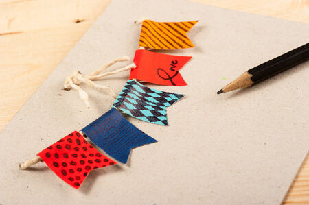 card birthday,Festive vintage garlands with bunting flags in autumn colorsの写真素材