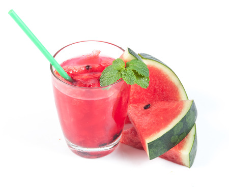 Watermelon juice in a glass on a white backgroundの写真素材