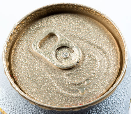 wet aluminum can with drink, close-up of topの写真素材