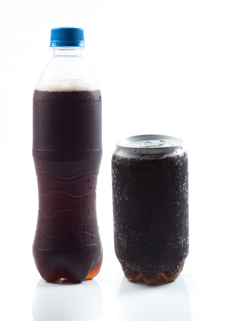 Cola drink in transparent can isolated over white backgroundの写真素材