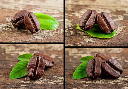 collage of coffee grains on grunge wooden backgroundの写真素材