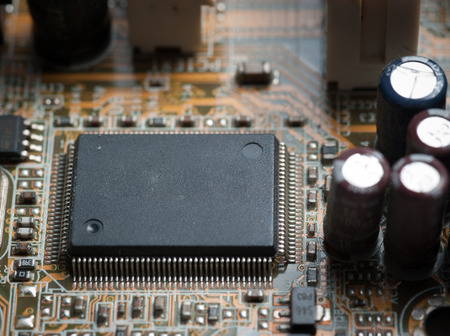 Electronic microcircuit and microchip taken closeup.
