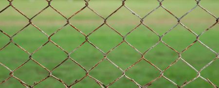 iron wire fence isolated on green backgroundの写真素材