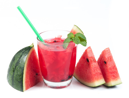Watermelon juice in a glass on a white backgroundの写真素材