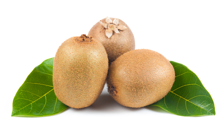 Juicy kiwi fruit and leaves isolated on whiteの写真素材