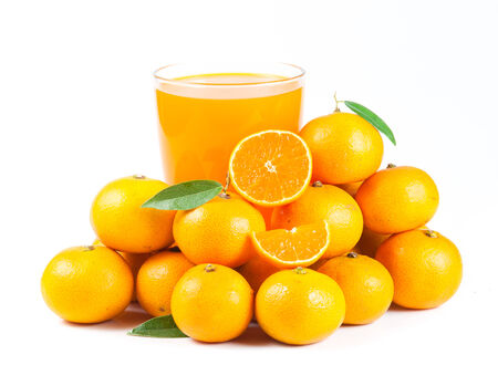 orange juice and slice isolated on whiteの写真素材