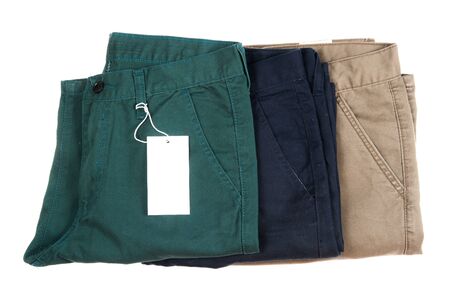 Trousers with tagging on white backgroundの写真素材