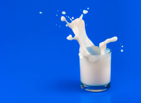 splash of milk in transparent glass on blue backgroundの写真素材
