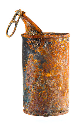 Old rusty tin can on white backgroundの写真素材