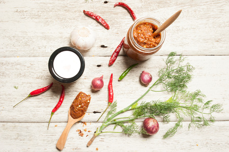 thai kitchen food spice herb pepper, grass, red onion, garlic, chilli, ginger for cooking original eastern food syle on woodの写真素材